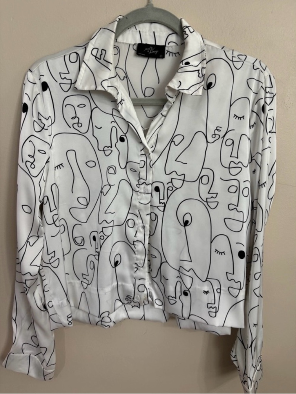 Milk & Honey Abstract Line Art Button-Up Blouse in White and Black